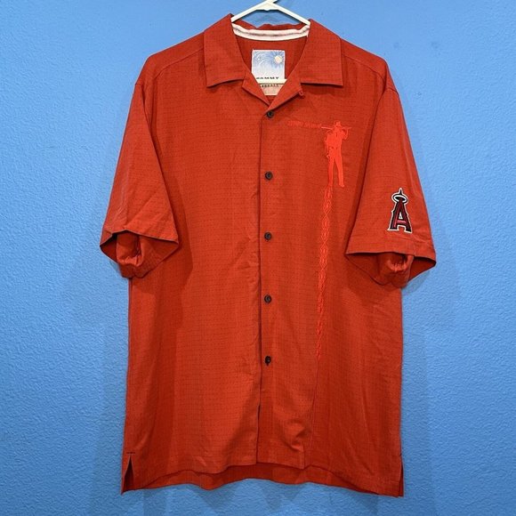 Tommy Bahama Red MLB Anaheim Angels Baseball Silk Button Up Shirt Men Medium - Picture 1 of 16